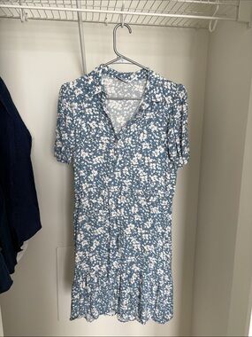 Blue Floral Short Sleeve Button-Front Dress